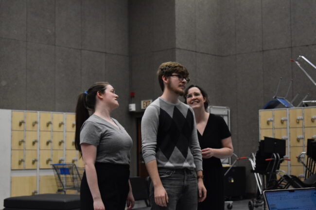 Sarah Spurlin, Trever Spruill and Kendra Moon Rehearsing "The Old Maid and the Thief"(Machenzie Glass/The Vista)
