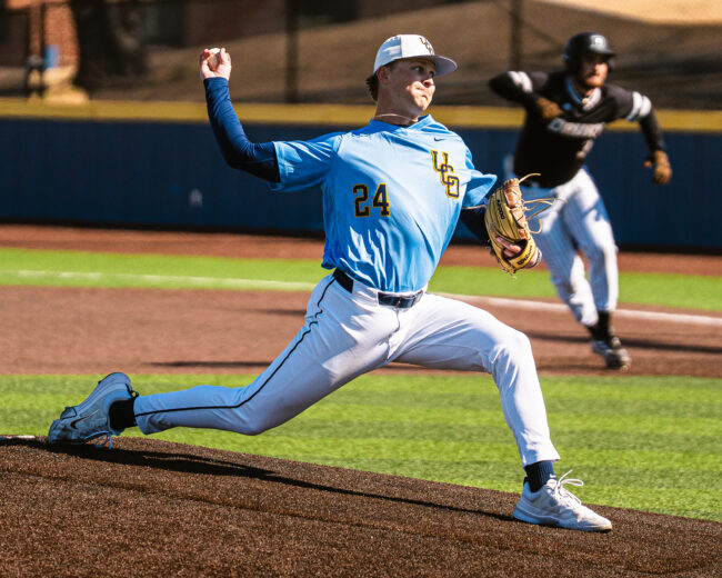 UCO's Danny Satterlee throws a pitch in hopes to end the inning. (Hunter George/ The Vista)