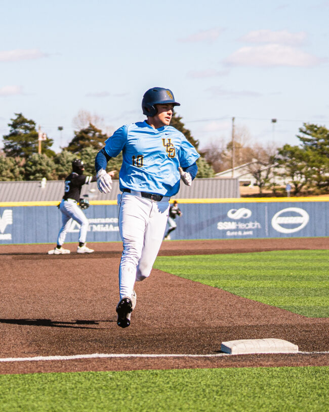 UCO's Colton Ayres runs past third to score an RBI. (Hunter George/ The Vista)