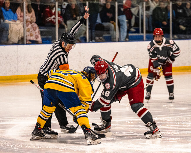 UCO hockey player Jeffery Rebmann prepares to face off to start the game. (Hunter George/The Vista)