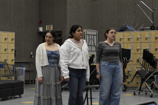 Helena Gay, Salma Pena and Alaina Marks rehearsing "The Ghost Of Gatsby" (Machenzie Glass/The Vista)