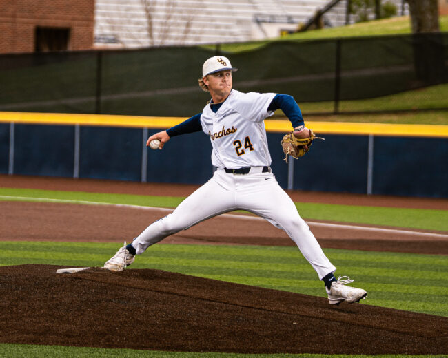 UCO's Danny Satterlee prepares to throw a pitch to start the inning. (Hunter George/ The Vista)