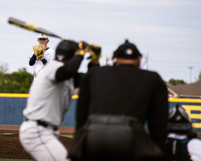 UCO's Danny Satterlee waits for the pitch calls and prepares to throw it. (Hunter George/ The Vista)