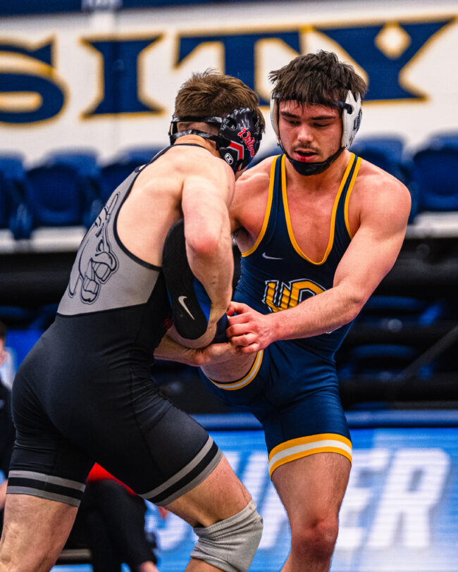 UCO's Bam West finds himself in trouble with his leg in the air. (Hunter George/ The Vista) 