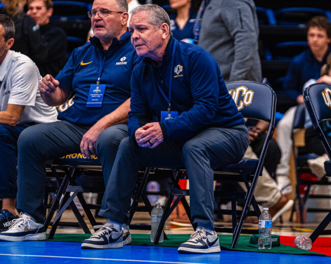 UCO's head coach, Todd Steidley, watches his players' match. (Hunter George/ The Vista) 