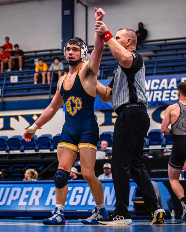 UCO's Bam West looks at the crowd after he won his match. (Hunter George/ The Vista) 