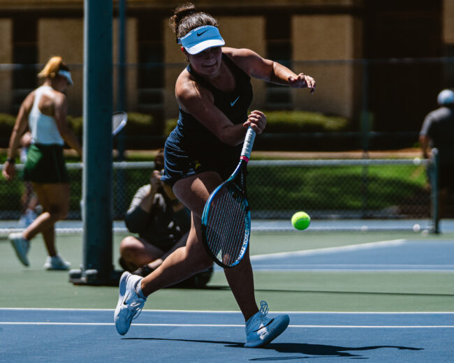 UCO tennis player hits the tennis ball for the Bronchos. (Hunter George/The Vista) 