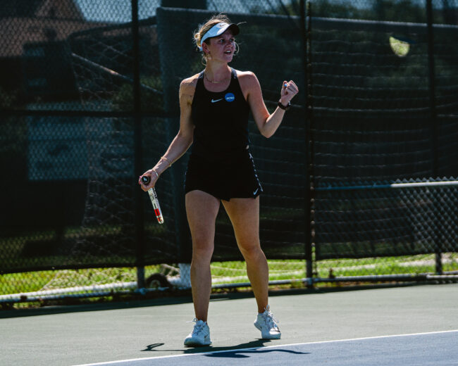 UCO's Anika Ouwejan celebrates winning the point. (Hunter George/ The Vista) 