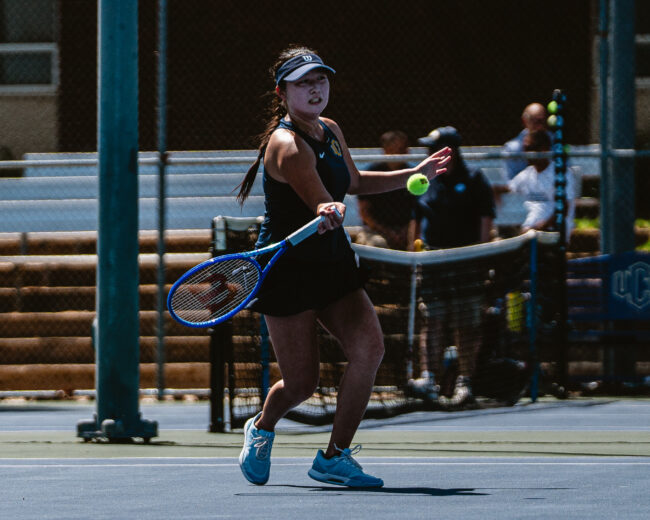 UCO Tennis player attacks the opponent's volley. (Hunter George/ The Vista) 