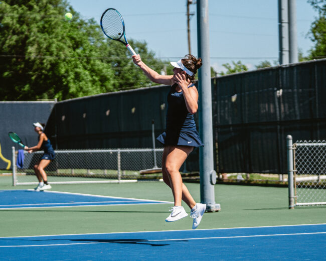 UCO's Karyna Yurchenko survives the point after an attack from the opponent. (Hunter George/ The Vista) 