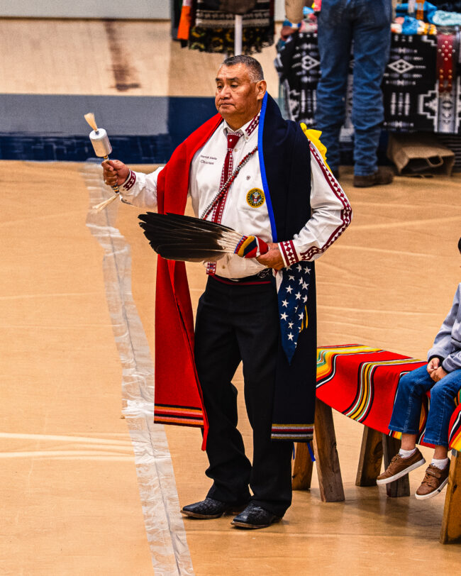 A man in Gourd Dance regalia dances during the opening of the Gourd Dance (Hunter George/The Vista)