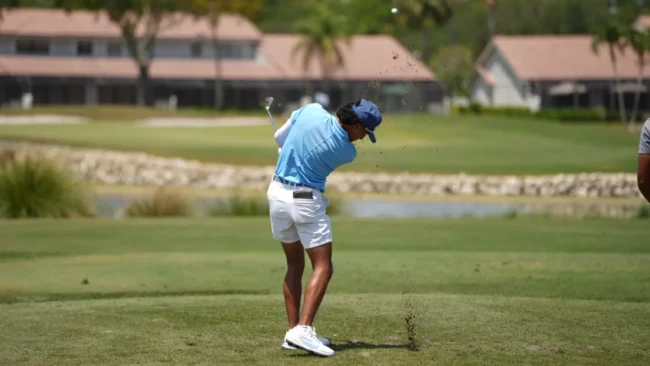 UCO's Nick Canales hits the golf ball for the Bronchos. (Photo provided by: bronchosports.com)