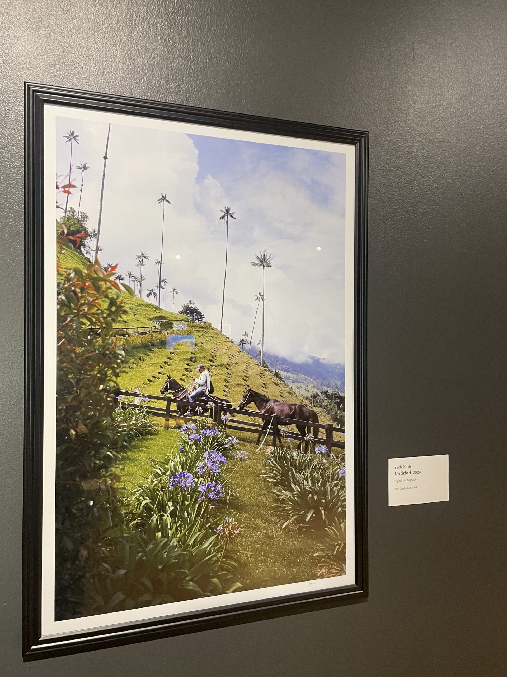 The Men of Columbia by Zach Nash hangs on the wall. The art depicts a man riding a horse, with one following behind him. the scene is alongside a green Columbian mountainside with florals in the foreground.
