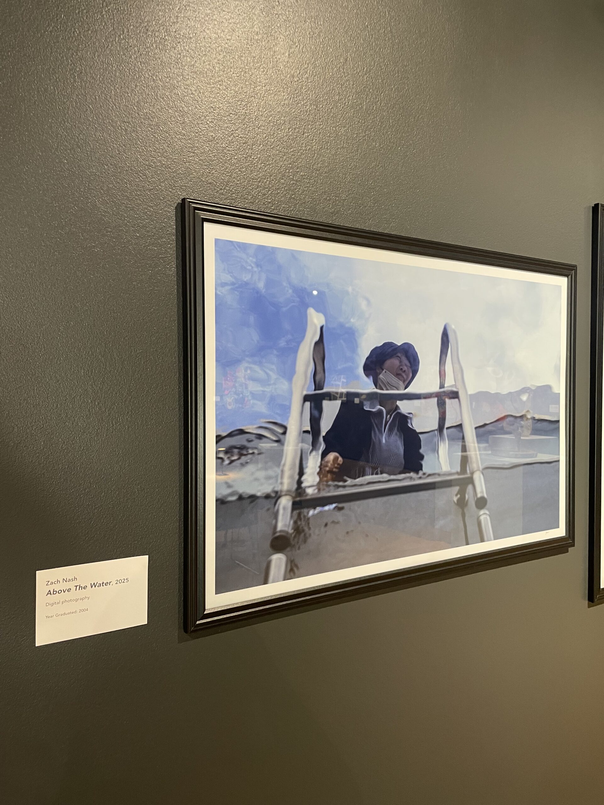 Above The water by Zach Nash hangs on the wall. the picture depicts a woman looking over a ladder.