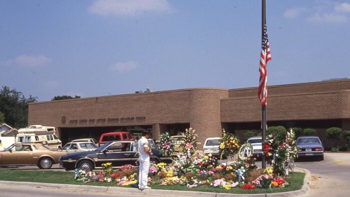 Archive photo of Edmond City Post Office from 1986 Following the Massacre. 
