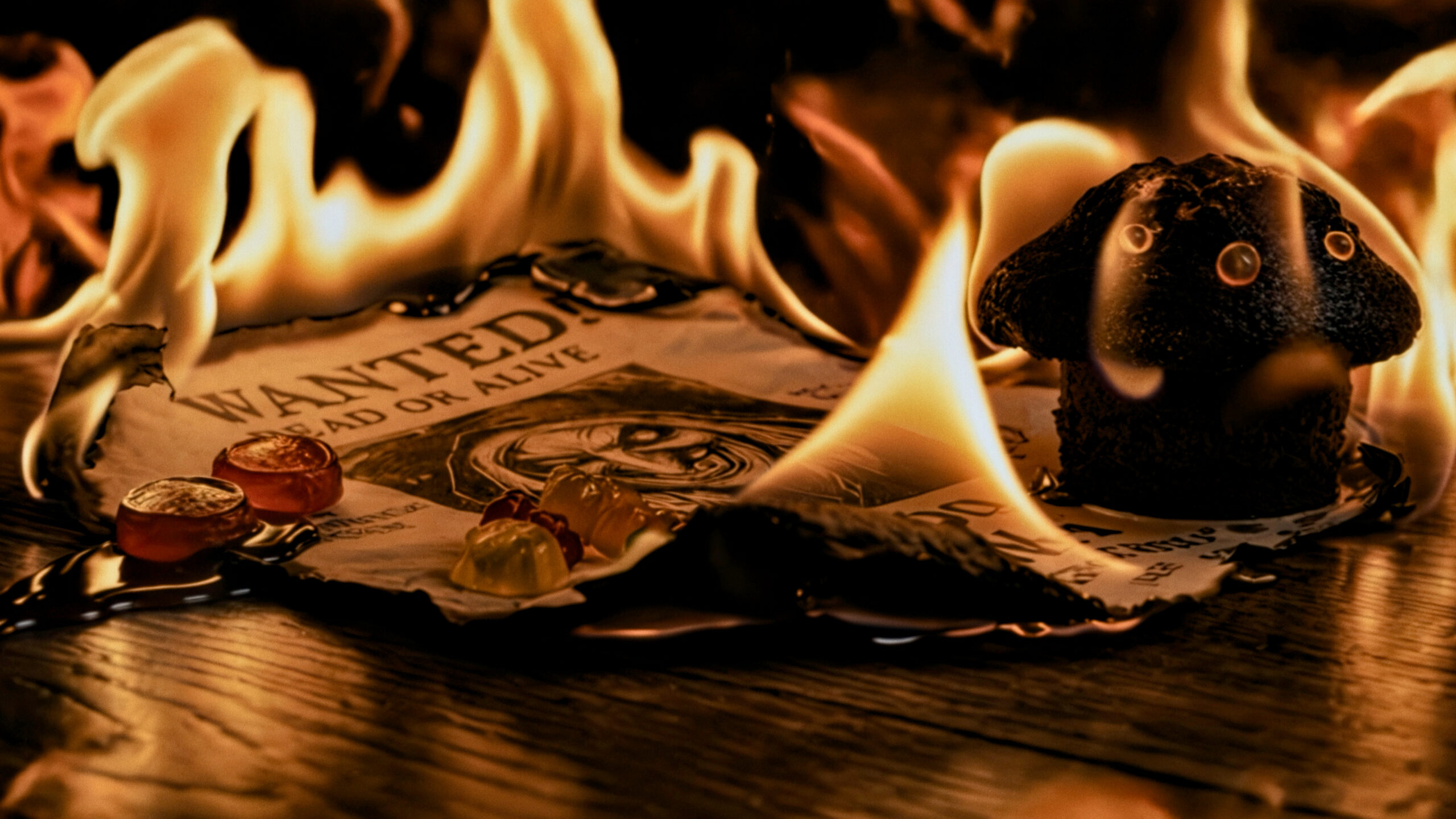  A "wanted dead or alive" poster picturing a witch with candies and a muffin sits on a wooden table, in flames. 
