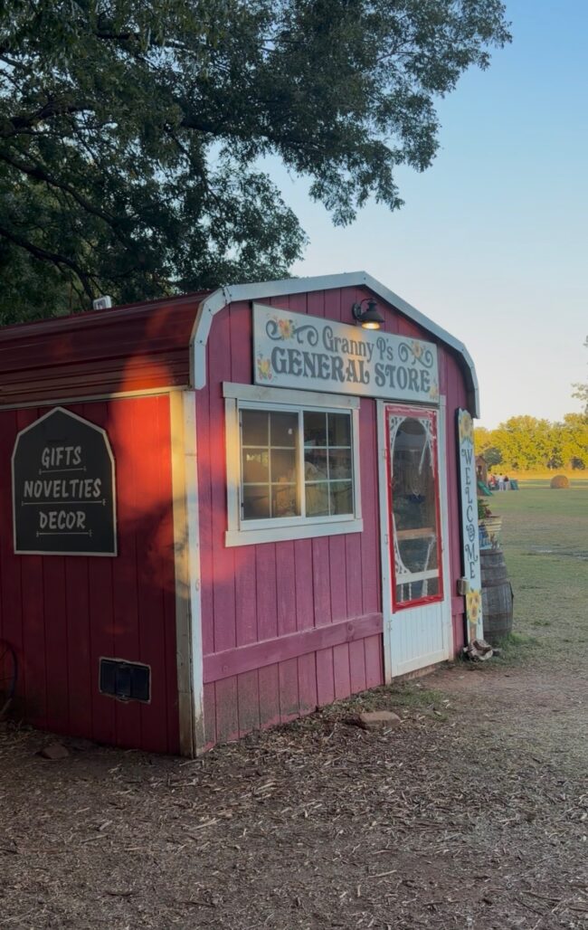 A general store inside the pumpkin patch that's shaped like a barn.