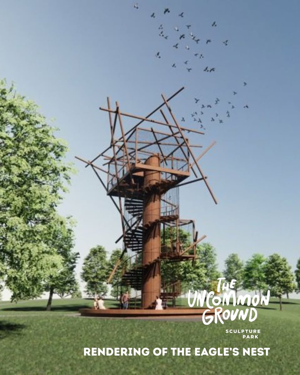 Rendering of the eagles nest centerpiece. it features a spiral staircase and watch-tower